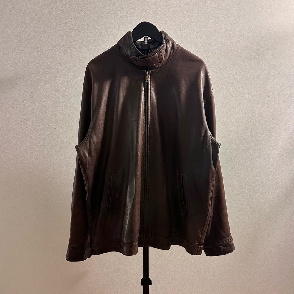 Vintage Polo Ralph Lauren Chocolate Brown Collared Leather Jacket Size XL